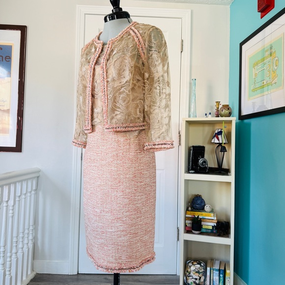 Kay Unger Lace/Tweed Embroidered Sheath Dress w Bolero Jacket (size 14) - Picture 4 of 15